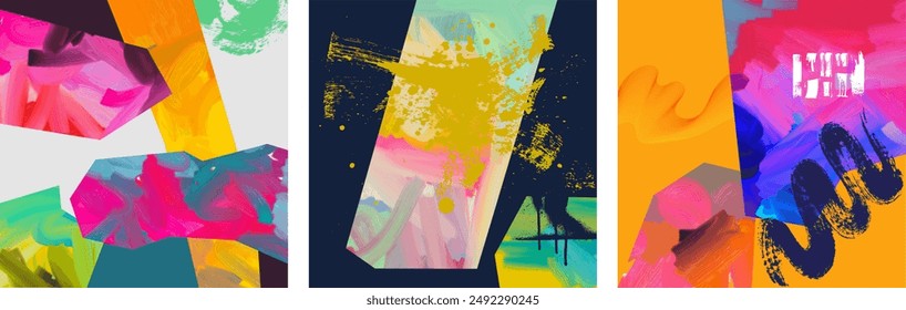 Conjunto de Plantilla de arte abstracto. Collage cuadrado hecho con garabatos, marcador, pincelada, trazos de cañón, Formas geométricas coloridas, salpicaduras dibujadas con tinta. Plantilla de cubierta de color brillante de Vector dibujado a mano.