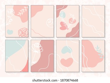 Set of abstract art templates. Line drawing with rose, leaves, hearts cartoon cute style. Frame border design for fashion, business. Background for your graphic. Flat design. Vector illustration.