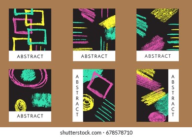 a set of abstract artistic creative cards; vertical posters with crayon hand drawn design elements; vouchers for sale, wedding, birthday, party. Design for gift card, brochure, invitation. Vector