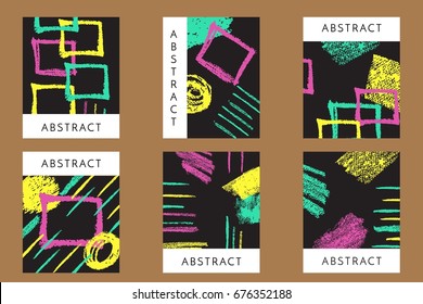 set of abstract artistic creative cards;vertical posters with crayon hand drawn design elements;collection of vouchers for sale,wedding, birthday, party. Design for flyer, brochure, invitation. Vector