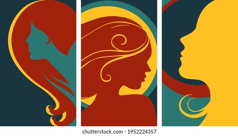 Set of abstract artistic trendy woman face background templates, posters, prints, cards. Geometric abstract shapes banner, layout, cover. Online store of information networks, invitations, pictures