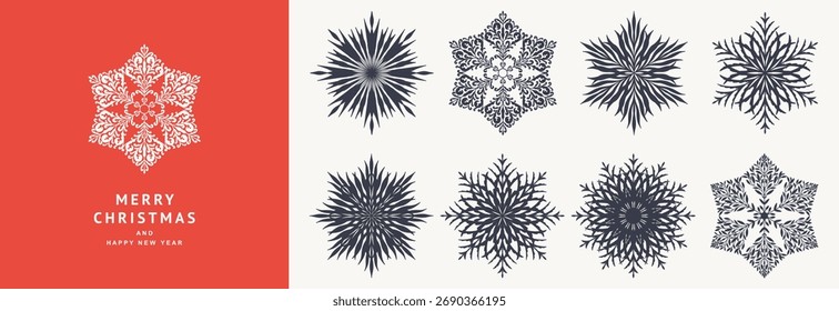 Conjunto de copos de nieve de Vector artístico abstracto. Navidades Elementos de diseño elegantes de invierno