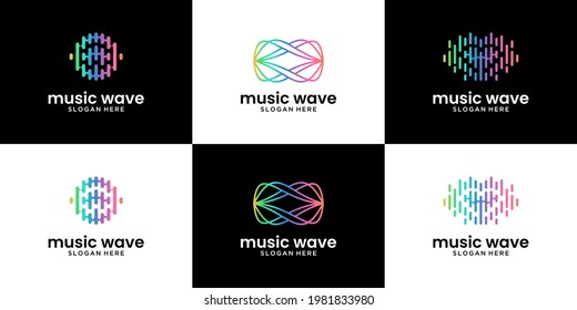 Conjunto de diseño de logotipo de ondas de audio abstractas. Símbolo degradado de música electrónica, tienda, discoteca, discoteca, igualador.