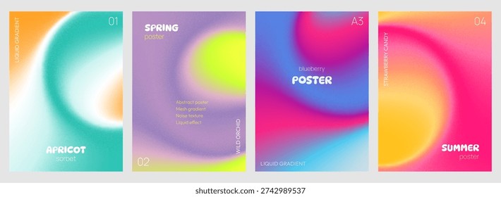 Set of abstract aura posters with fluid mesh gradient, noise, grain texture, and overlay effect. Vertical templates with bright gummy liquid shapes. Futuristic backgrounds for web design, covers.