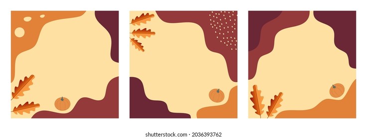 Set of abstract autumn background pastel color. Social media post, feed template, frame, banner, promotion, cover, flyer. Trendy organic shapes with copy space text on autumn color.