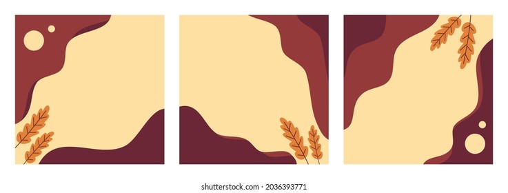 Set of abstract autumn background pastel color. Social media post, feed template, frame, banner, promotion, cover, flyer. Trendy organic shapes with copy space text on autumn color.