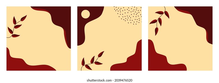 Set of Abstract Autumn Background for Social Media Post Template, Banner, Microblog, Carousel, Card. Autumnal Background with Leaves and Abstract Shape.