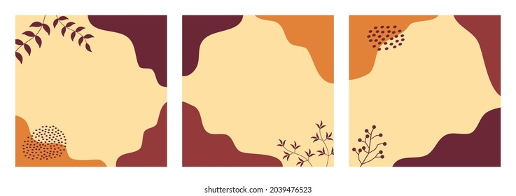 Set of Abstract Autumn Background for Social Media Post Template, Banner, Microblog, Carousel, Card. Autumnal Background with Leaves and Abstract Shape.