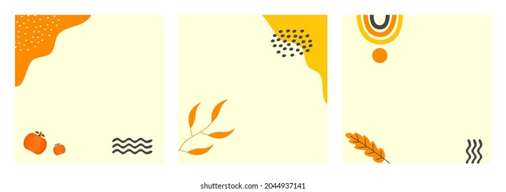 Set of Abstract Autumn Background for Social Media Post Template, Banner, Microblog, Carousel, Card. Autumnal Background with Leaves and Abstract Shape.