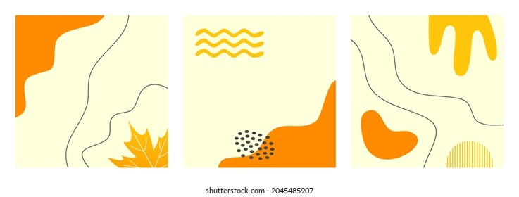 Set of Abstract Autumn Background for Social Media Post Template, Banner, Microblog, Carousel, Card. Autumnal Background with Leaves and Abstract Shape.