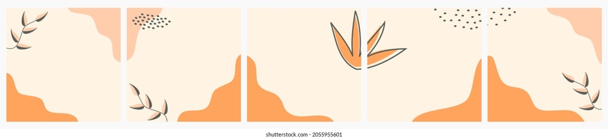Set of Abstract Autumn Background for Social Media Post, ad, Sale, Banner, Microblog, Carousel, Template, Card. Autumnal Background with Leaves and Abstract Shape.