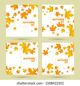 Set of abstract autumn background with yellow and orange leaves of maple. Vector sale banner with withered foliage.