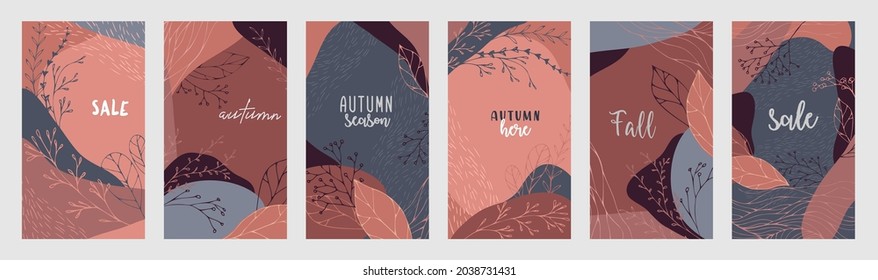 Set of abstract autumn backgrounds greeting cards and invitations. Banners with autumn hand drawn leaves and elements