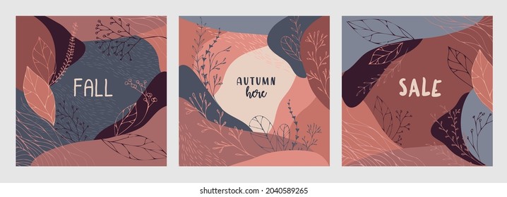 Set of abstract autumn backgrounds greeting cards and invitations. Banners with autumn hand drawn leaves and elements