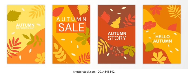 Set of abstract autumn backgrounds. Multicolored banners with yellow and purple leaves and inscriptions. Discounts, stories, greeting. Templates for social networks, posters and shop window decoration