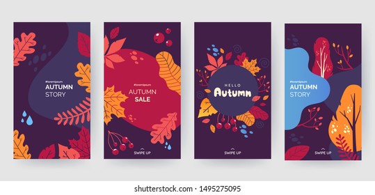 Set of abstract autumn backgrounds for social media stories. Colorful banners with autumn fallen leaves and yellowed foliage. Use for event invitation, discount voucher, advertising. Vector eps 10
