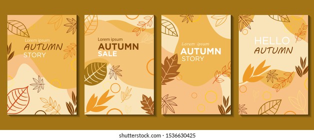 Set of abstract autumn backgrounds for social media stories. Beautyful banners with autumn fallen leaves and yellowed foliage. Use for event invitation, discount voucher, advertising. 