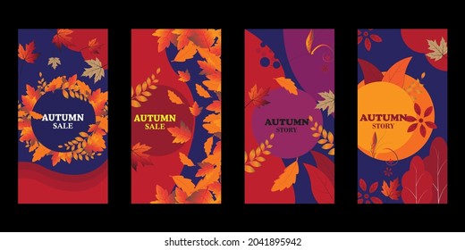 Set of abstract autumn backgrounds for social media stories. Colorful banners with beautiful autumn fall leaves and foliage. Use for event invitations, discounts, advertisements. Vector eps 10