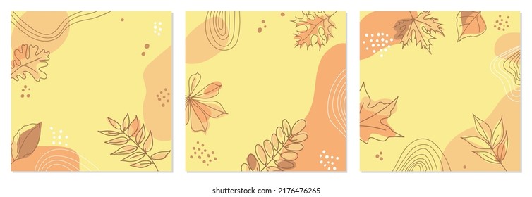 Conjunto de antecedentes abstractos de otoño para publicaciones en medios sociales. Plantilla cuadrada con espacio de copia para texto o foto. Fundas vectoriales con hojas de otoño en colores pastel.