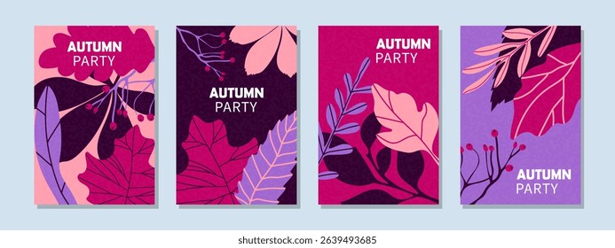 Set of abstract autumn cards, posters, with bright autumn leaves. Autumn web banner, flyer design. Social media template.