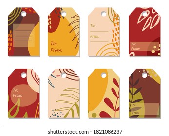 Conjunto de etiquetas de regalo abstractas de otoño de otoño. Hojas, formas, trazos. Elementos aislados. Ilustración vectorial. Plantillas de etiquetas estacionales imprimibles. Para Acción de Gracias, cumpleaños, regalos de año nuevo. Diseño plano