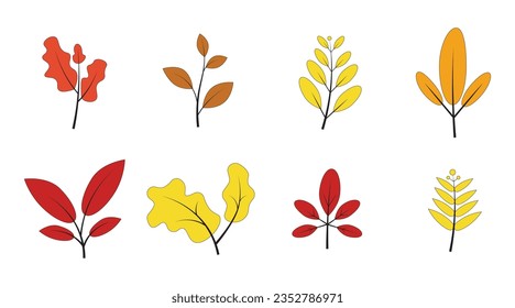 Set of abstract autumn flat leaves isolated on white background. Yellow red leaf element shape flat style vector illustration