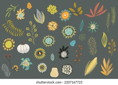 A set of abstract autumn flowers, leaves, twigs, falling leaves, pumpkins, fancy buds, cone, corn, oak, maple leaf, sunflower, berries, twigs, twigs, for the design of autumn designs, invitations.