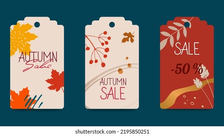 Set of abstract autumn gift tags. Leaves, berries shapes, strokes, individual elements. Seasonal label templates for printing. For Thanksgiving, birthday, Christmas gifts. Vector images