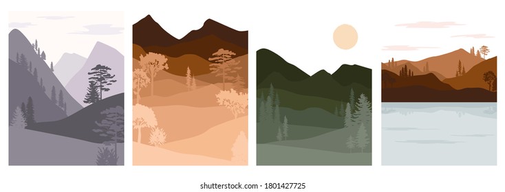 Set of abstract autumn landscape. Forest animals, hills of coniferous wood with mountains range, lake, river silhouette template. Editable vector illustration. 