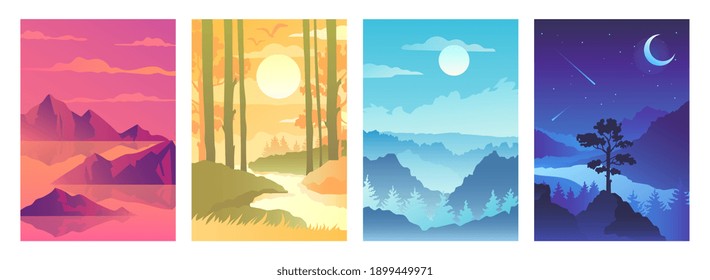 Set of abstract autumn landscapes. Scenic views of the river, lake, cliffs, mountains and pine forest. Night, day, sunrise and sunset. Vector illustration.