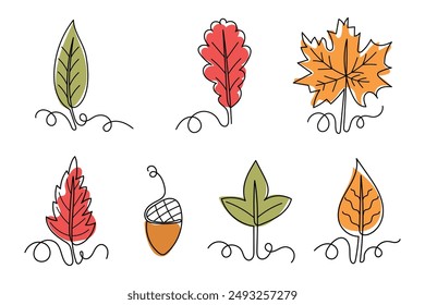 Set of abstract autumn leaves drawn in one line on a white background. Minimalistic vector illustration of colorful autumn leaves icons for design, logo, eps 10