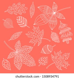 Set of abstract autumn leaves with patterns, white outline on red background