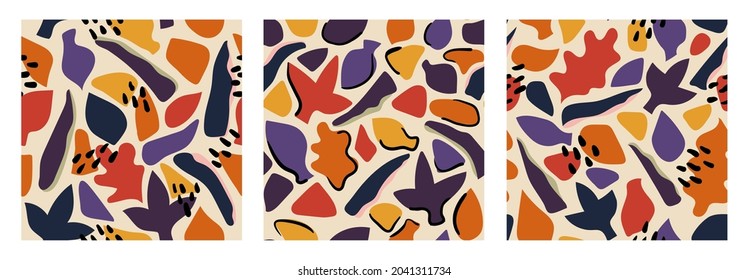 Conjunto de patrones abstractos de otoño con hojas. Diseño de papel, textiles y decoración. Ilustración vectorial.