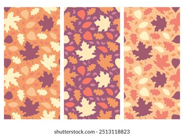 Conjunto de padrões de outono abstratos, fundos sem costura com folhas de bordo e carvalho.