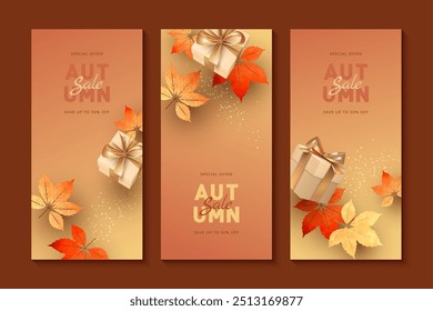 Set of abstract autumn sale banners with fall maple leaves and gifts