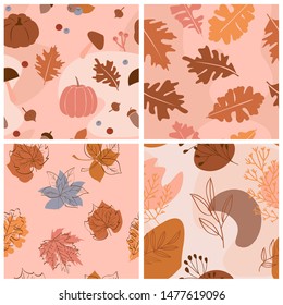 Set of abstract autumn seamless pattern with autumn elements, shapes and plants in one line style. Vector illustration