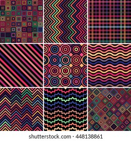 Conjunto de fondo abstracto, 9 patrones geométricos de color oscuro, ilustración vectorial. La textura se puede usar para imprimir en tela y papel. 