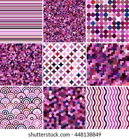 Set of abstract background, 9 geometric pattern, vector illustration. Texture can be used for printing onto fabric and paper. Pink, purple, white colors. 