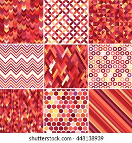 Set of abstract background, 9 geometric pattern, vector illustration. Texture can be used for printing onto fabric and paper. Red, orange colors. 