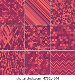 Set of abstract background, 9 geometric pattern, vector illustration. Texture can be used for printing onto fabric and paper. Purple, pink colors