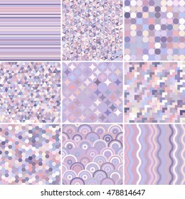 Set of abstract background, 9 geometric pattern, vector illustration. Texture can be used for printing onto fabric and paper. Pastel pink colors. 