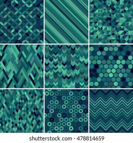 Set of abstract background, 9 geometric pattern, vector illustration. Texture can be used for printing onto fabric and paper. Blue, green colors