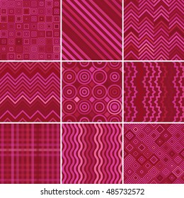 Set of abstract background, 9 geometric pattern, vector illustration. Texture can be used for printing onto fabric and paper. Pink color. 