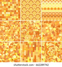 Set of abstract background, 9 geometric pattern, vector illustration. Texture can be used for printing onto fabric and paper. Yellow, orange colors.