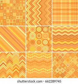 Set of abstract background, 9 geometric pattern, vector illustration. Texture can be used for printing onto fabric and paper. Yellow, orange colors.