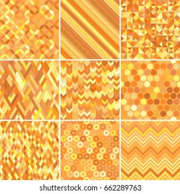 Set of abstract background, 9 geometric pattern, vector illustration. Texture can be used for printing onto fabric and paper. Yellow, orange colors.