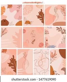 Set of abstract background with autumn elements, shapes and plants in one line style. Background for mobile app page minimalistic style. Vector illustration