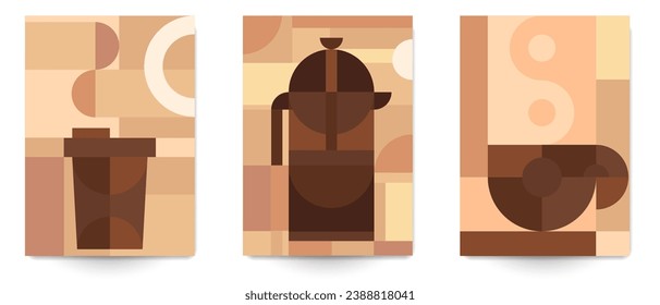 Set abstract background banner, card, poster, cover, packaging for coffee. Collection modern vector illustration in minimal geometric style. Design template drinks corporate branding.