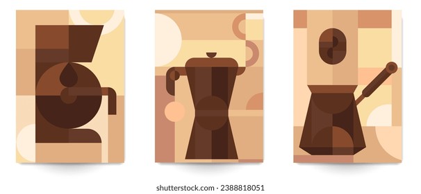 Set abstract background banner, card, poster, cover, packaging for coffee. Collection modern vector illustration in minimal geometric style. Design template drinks corporate branding.