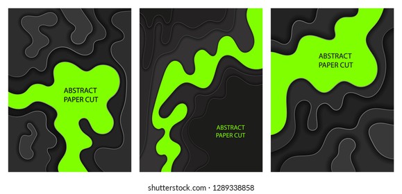 Set of abstract background with black and green paper cut waves. Vector Illustration.